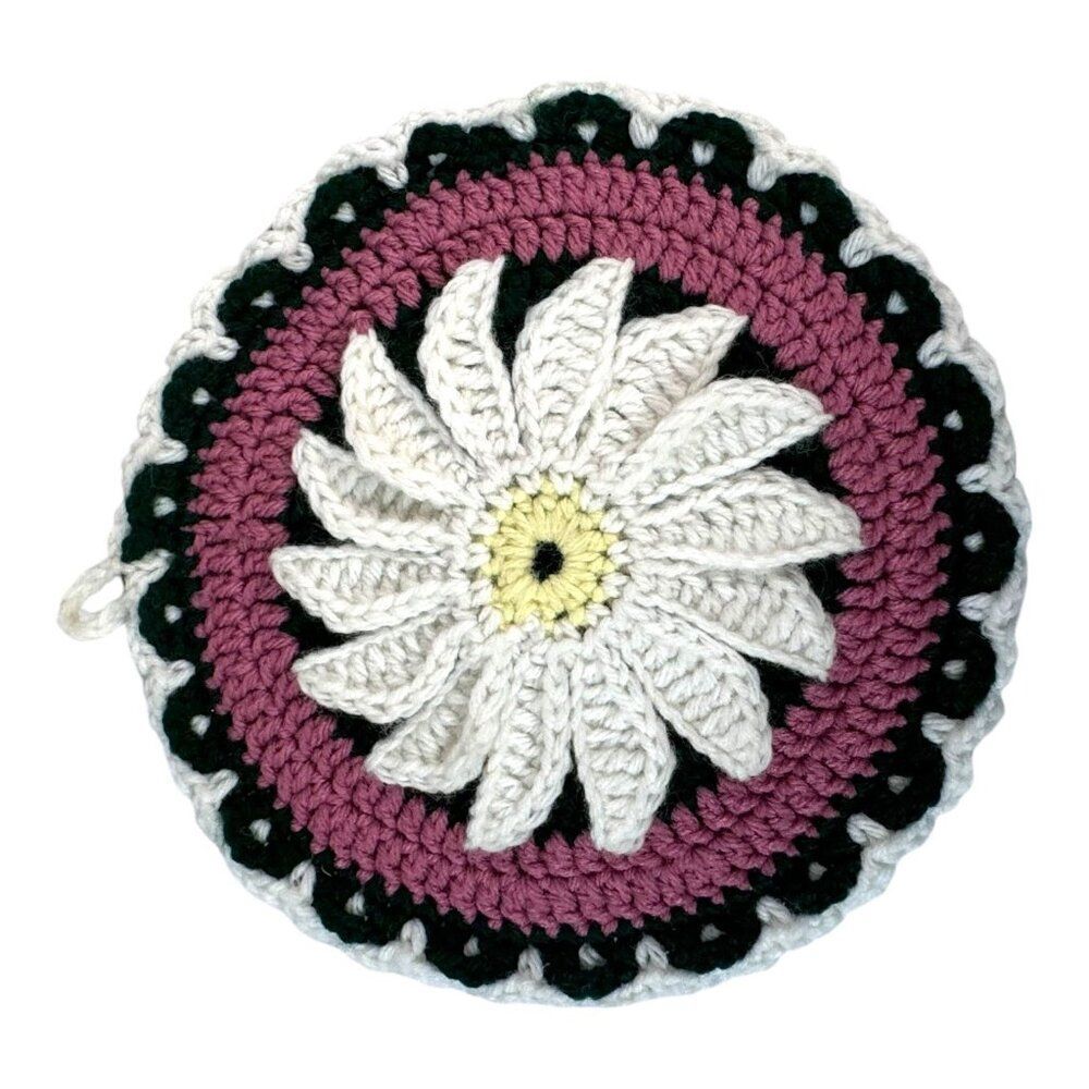 Handmade Crochet Daisy Design 3d Spriral Flower Potholder 9” Round Green & Pink